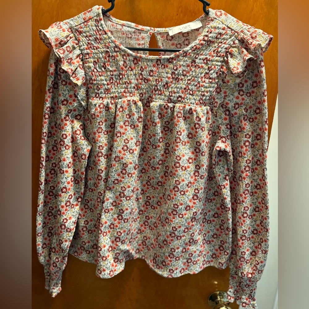 LOFT Floral Smocked Top - Red and White